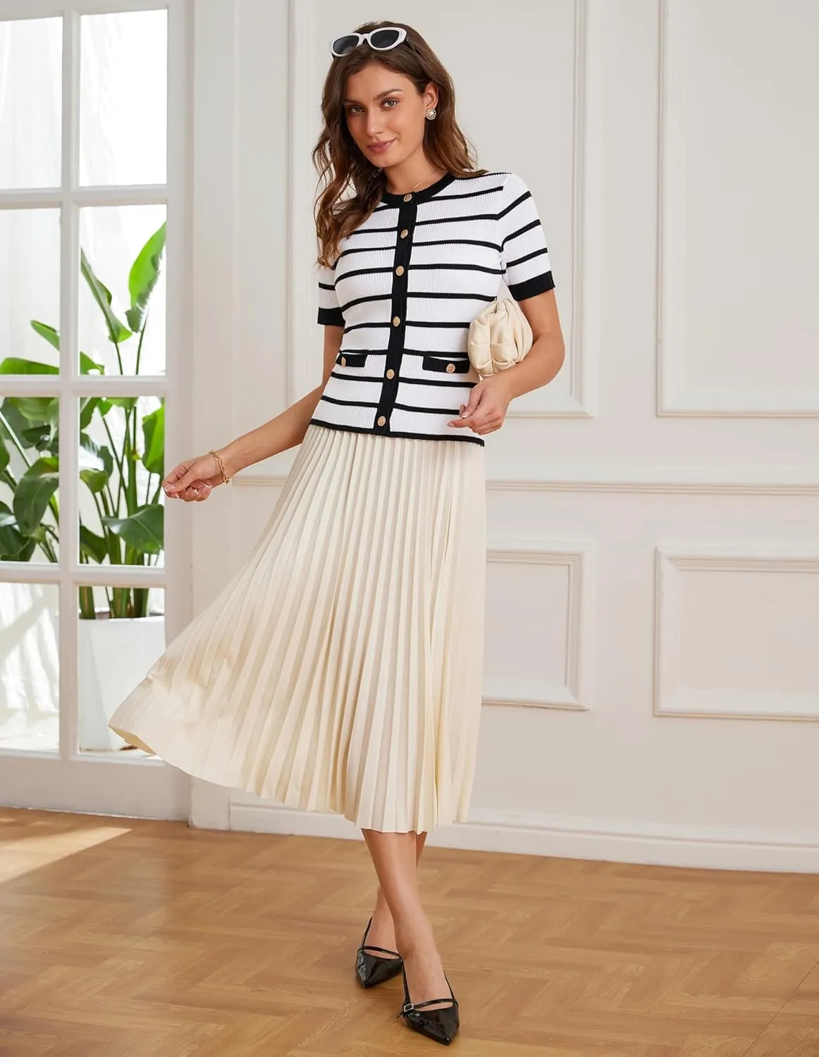 GRACE KARIN Women's Short Sleeve Striped Sweater Gold Button Cardigan Fitted Knit Crewneck Button Down Business Casual Top