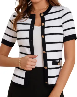 GRACE KARIN Women's Short Sleeve Striped Sweater Gold Button Cardigan Fitted Knit Crewneck Button Down Business Casual Top