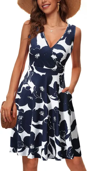GUBERRY Womens Wrap V Neck Sleeveless Sundress Summer Flare Tank Dress with Pockets …