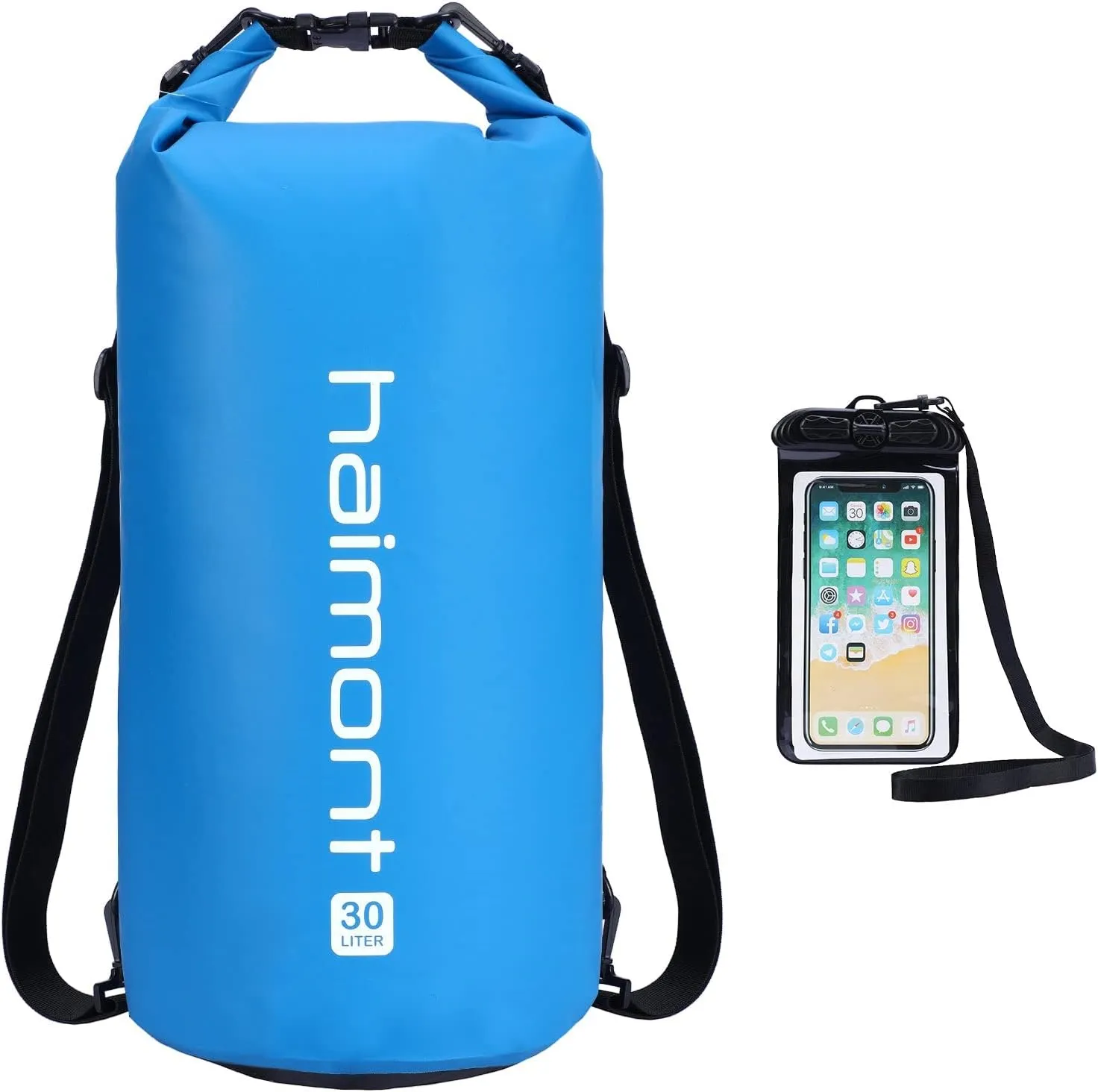 Haimont Waterproof Dry Bag Floating Dry Sack Roll Top Drybag Backpack for Kayaking, Rafting, Boating, Fishing with IPX8 Waterproof Phone Case, Blue, 30L