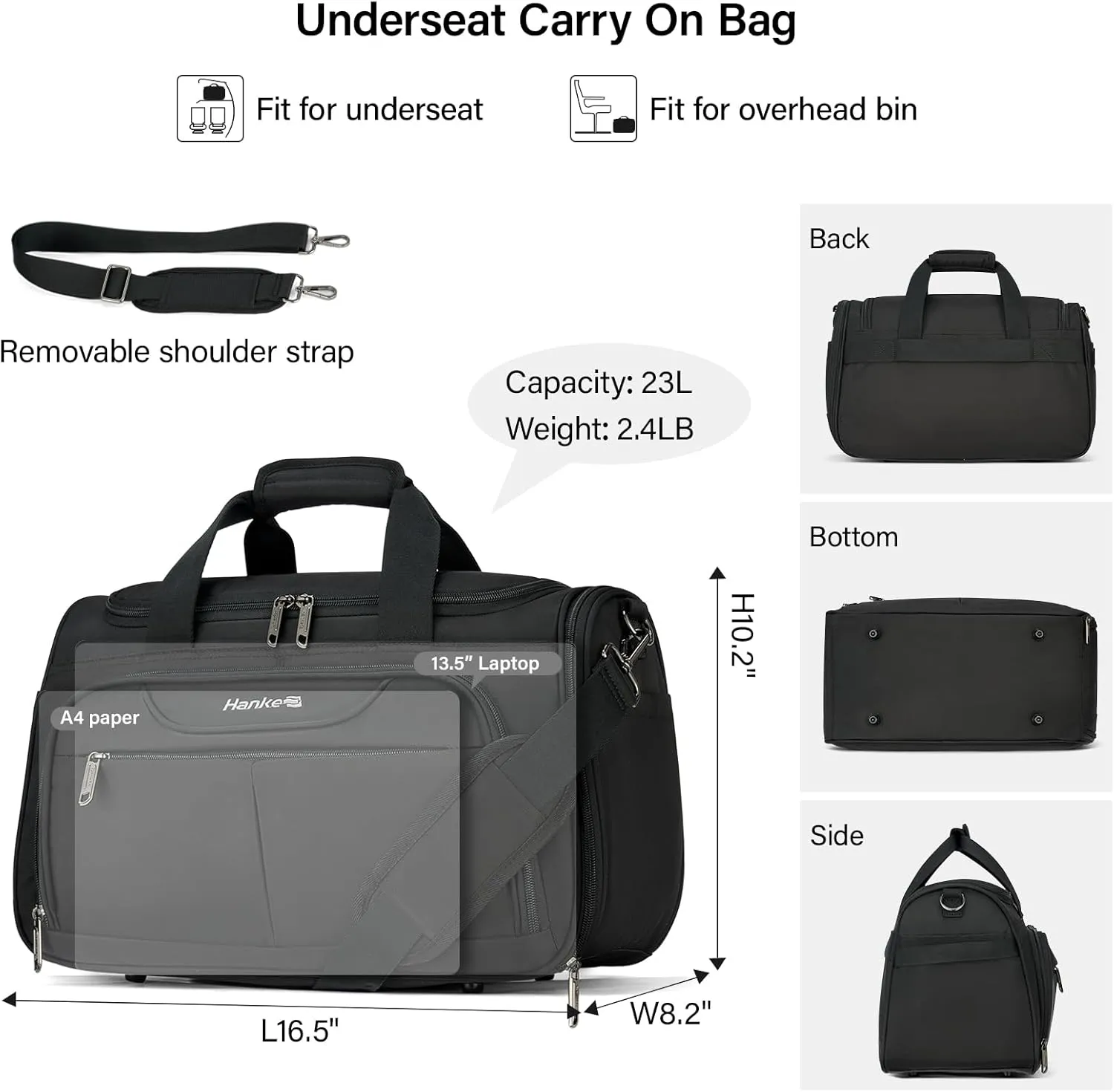 Hanke Foldable Underseat Carry On luggage Bag, Travel Tote Bag for Women & Men, Personal Item Travel Bag Softside Lightweight Luggage Bags for Travel Flight Crew Overnight Weekender Bag.（Black）