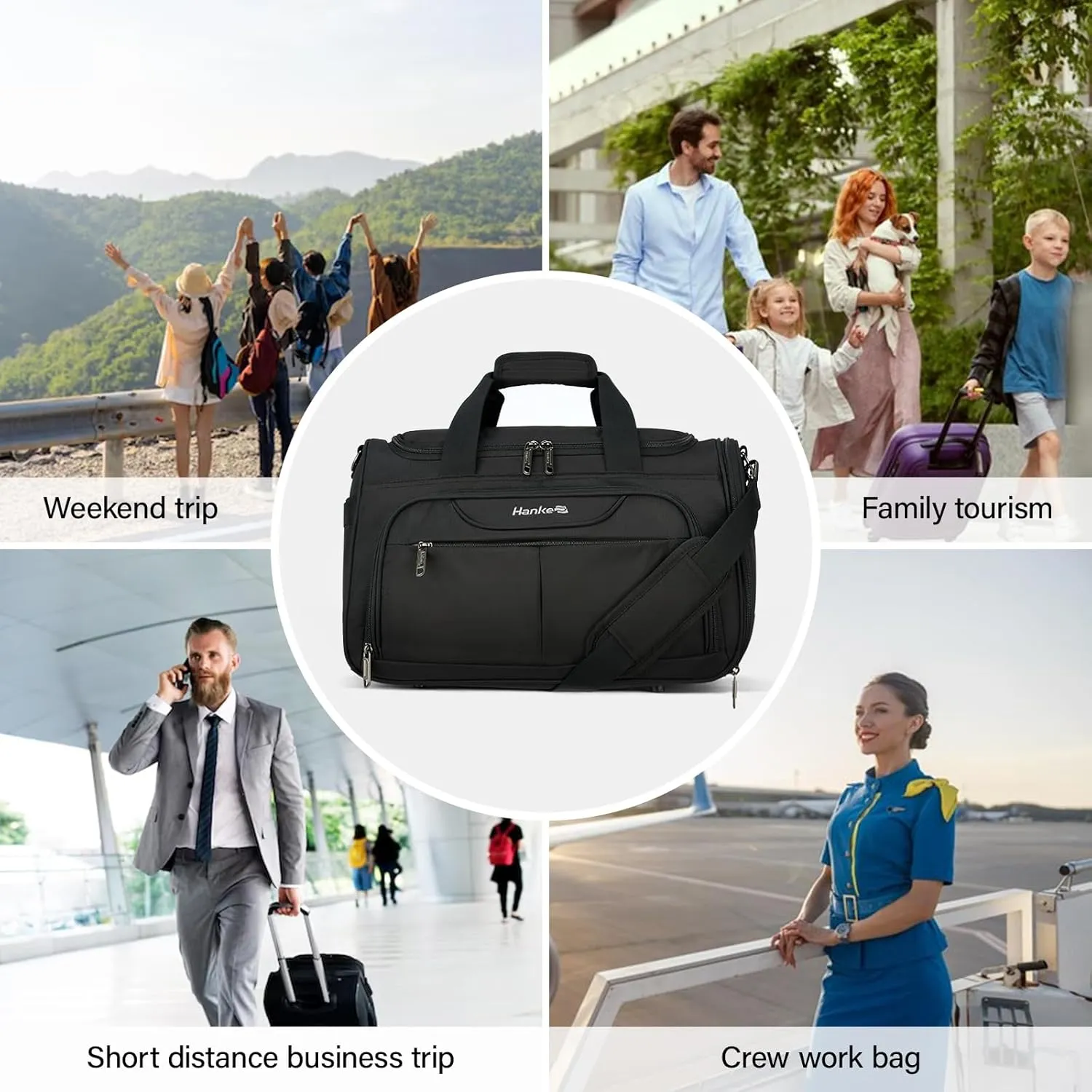 Hanke Foldable Underseat Carry On luggage Bag, Travel Tote Bag for Women & Men, Personal Item Travel Bag Softside Lightweight Luggage Bags for Travel Flight Crew Overnight Weekender Bag.（Black）