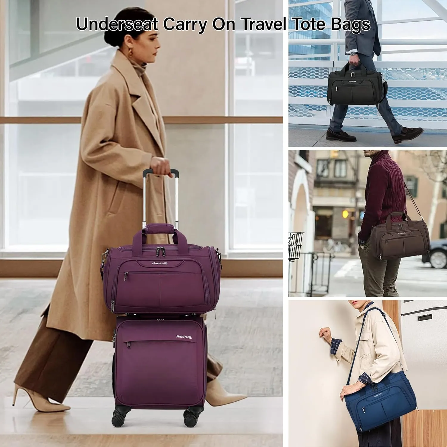Hanke Foldable Underseat Carry On luggage Bag, Travel Tote Bag for Women & Men, Personal Item Travel Bag Softside Lightweight Luggage Bags for Travel Flight Crew Overnight Weekender Bag.（Black）