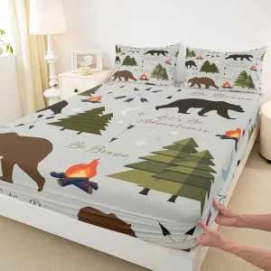 Happy Camping Bedding Set Full (No Flat） Hunt Bear Pine Trees Fitted Sheet for Kids Boys Men Adults Cabin Room Decor Campfire Arrow Cartoon Bed Sheet Wild Outdoor Adventure Deep Pocket Sheet 3pcs