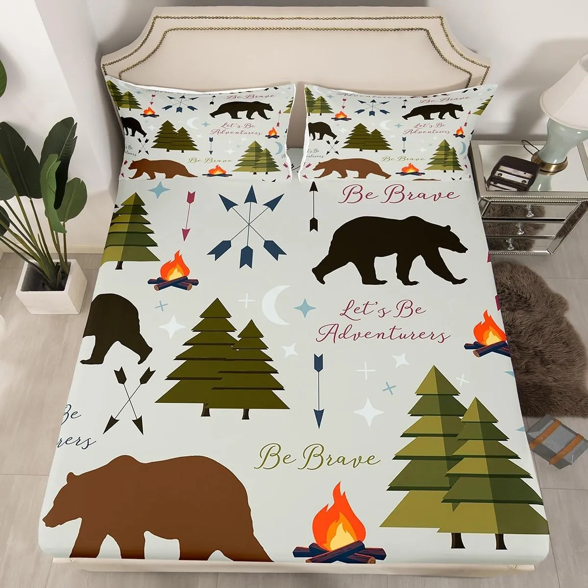 Happy Camping Bedding Set Full (No Flat） Hunt Bear Pine Trees Fitted Sheet for Kids Boys Men Adults Cabin Room Decor Campfire Arrow Cartoon Bed Sheet Wild Outdoor Adventure Deep Pocket Sheet 3pcs