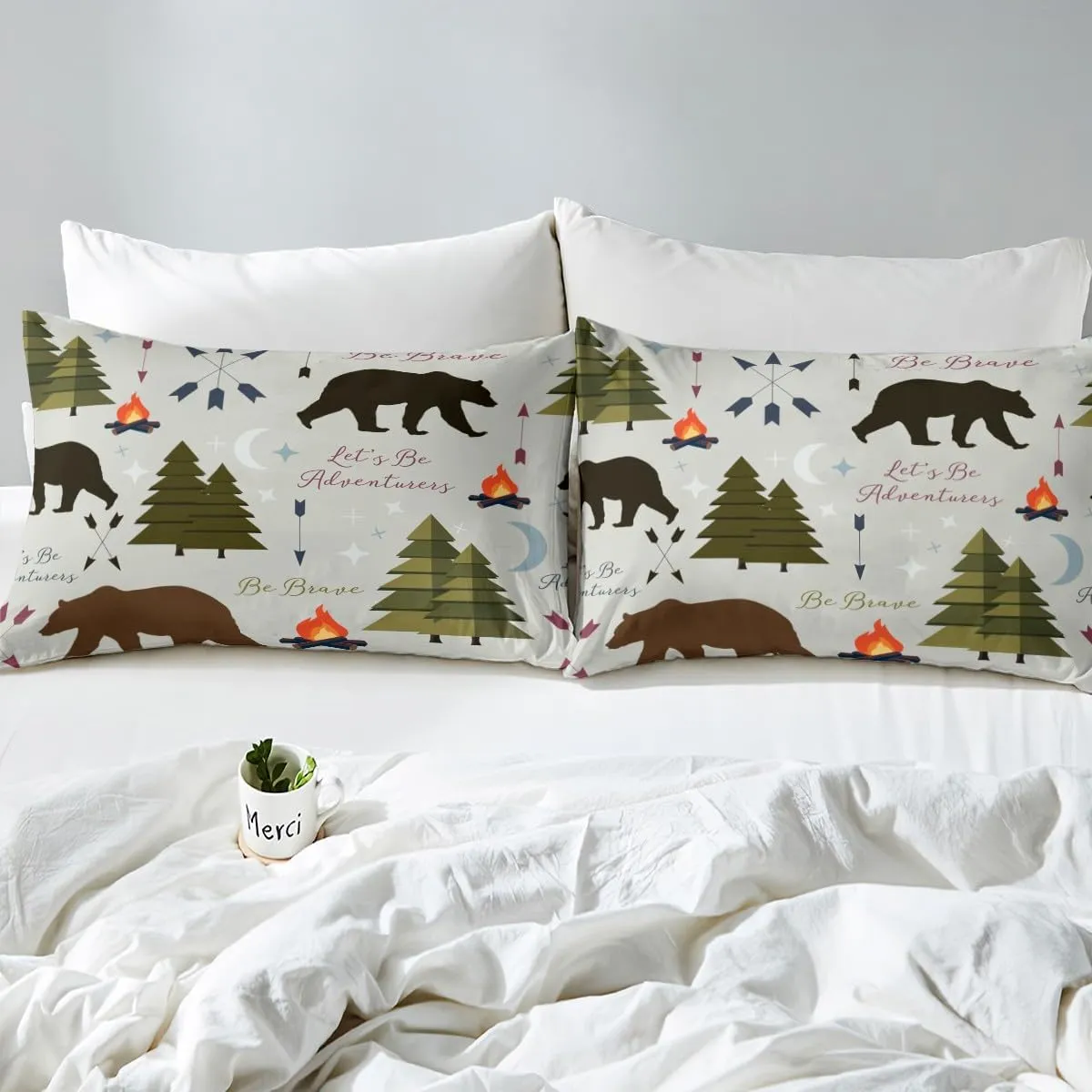 Happy Camping Bedding Set Full (No Flat） Hunt Bear Pine Trees Fitted Sheet for Kids Boys Men Adults Cabin Room Decor Campfire Arrow Cartoon Bed Sheet Wild Outdoor Adventure Deep Pocket Sheet 3pcs