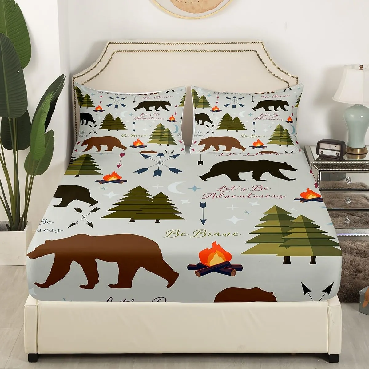 Happy Camping Bedding Set Full (No Flat） Hunt Bear Pine Trees Fitted Sheet for Kids Boys Men Adults Cabin Room Decor Campfire Arrow Cartoon Bed Sheet Wild Outdoor Adventure Deep Pocket Sheet 3pcs