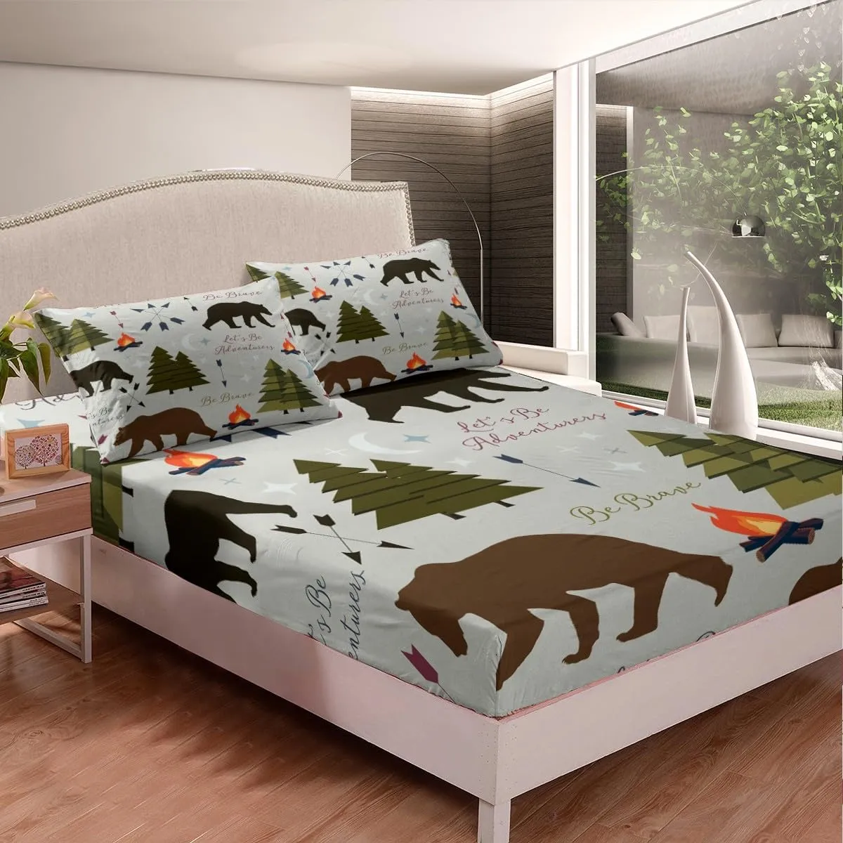 Happy Camping Bedding Set Full (No Flat） Hunt Bear Pine Trees Fitted Sheet for Kids Boys Men Adults Cabin Room Decor Campfire Arrow Cartoon Bed Sheet Wild Outdoor Adventure Deep Pocket Sheet 3pcs
