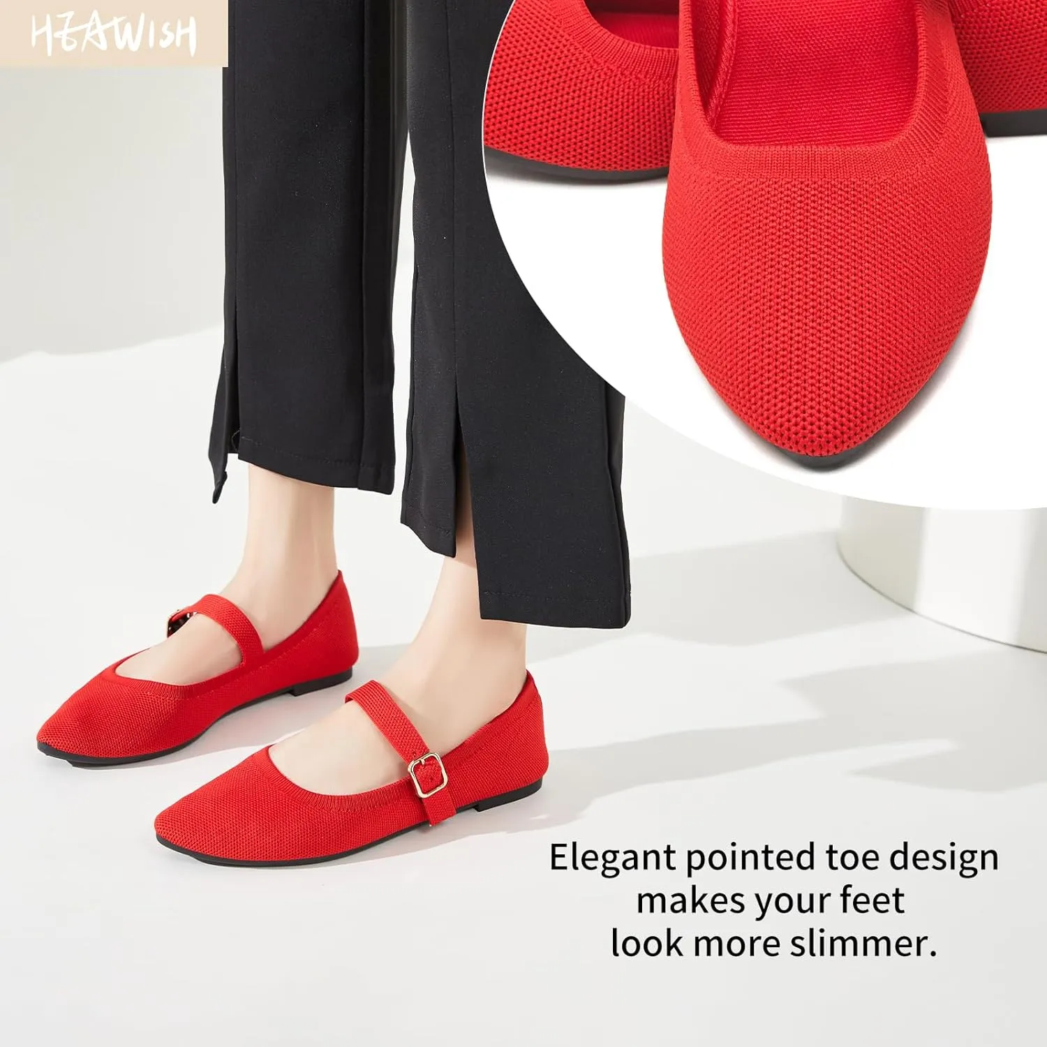 HEAWISH Women's Ballet Flat Shoes Mary Jane Pointed Toe Mesh Flats,Comfortable Slip on Ladies Shoe with Adjustable Strap,Casual Office Dress Flats for Work
