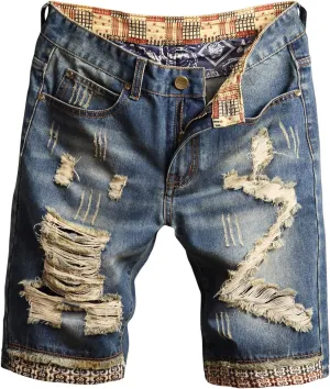 HENGAO Men's Ripped Jean Short Distressed Straight Fit Denim Shorts