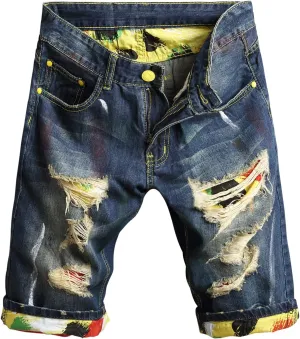 HENGAO Men's Ripped Jean Short Distressed Straight Fit Denim Shorts