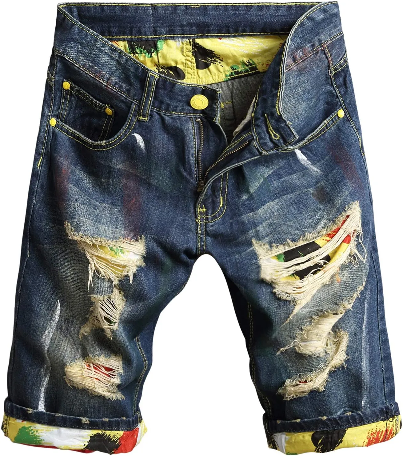 HENGAO Men's Ripped Jean Short Distressed Straight Fit Denim Shorts
