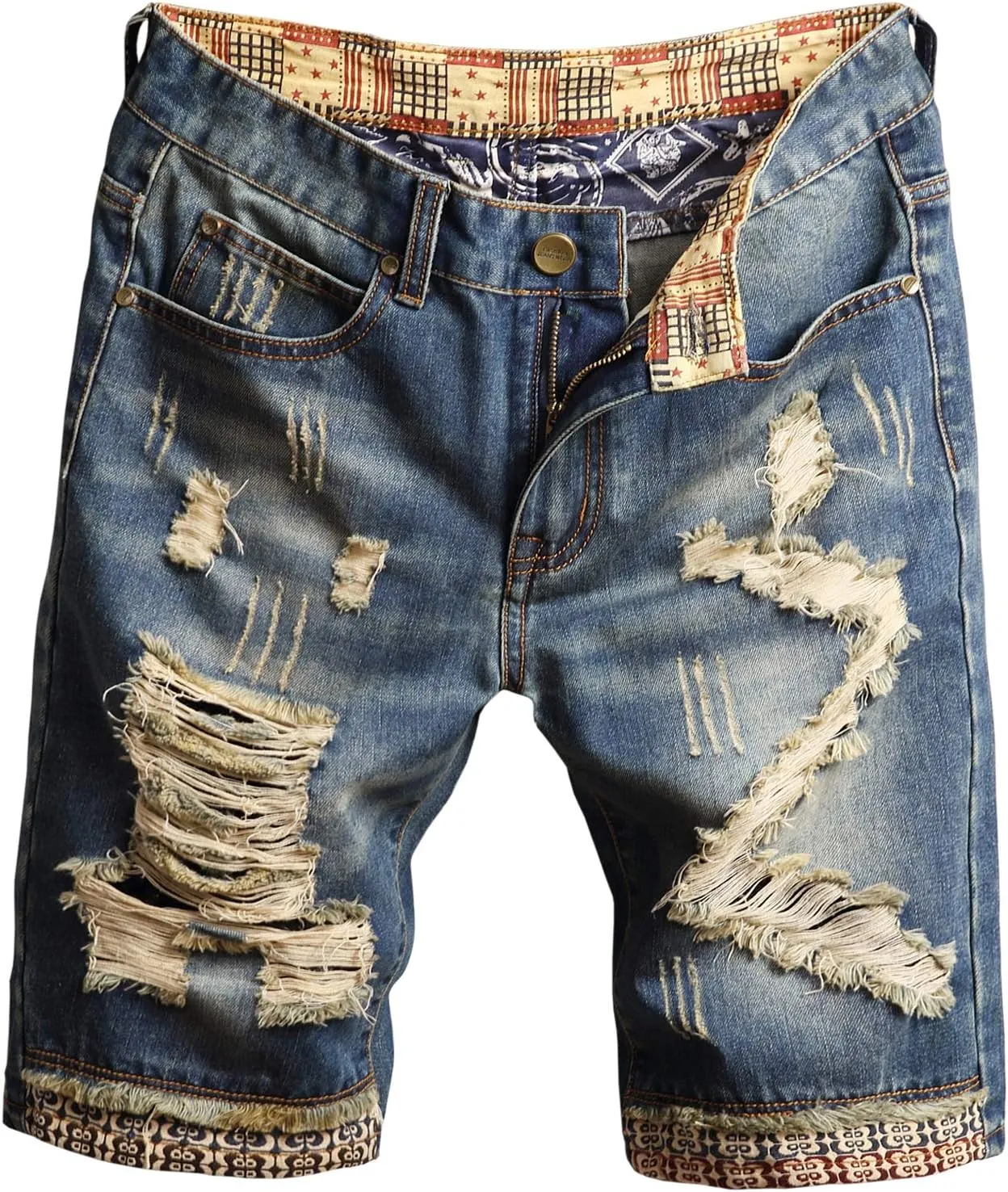HENGAO Men's Ripped Jean Short Distressed Straight Fit Denim Shorts