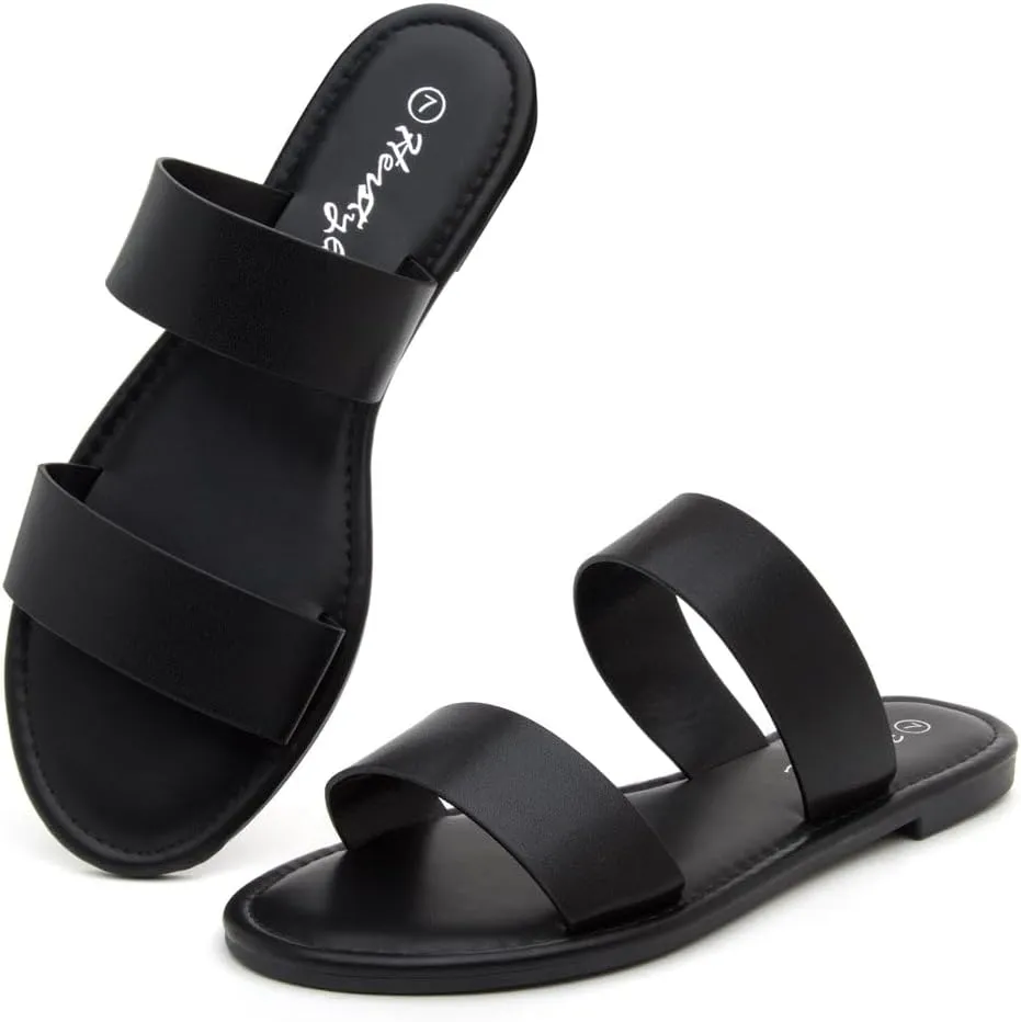 Herstyle Women’s Flat Sandals – Two Strap Comfortable Slides with Memory Foam, Trendy 2025 Summer Sandals, Lightweight Slip-On Open Toe Dressy & Casual Slippers for Women