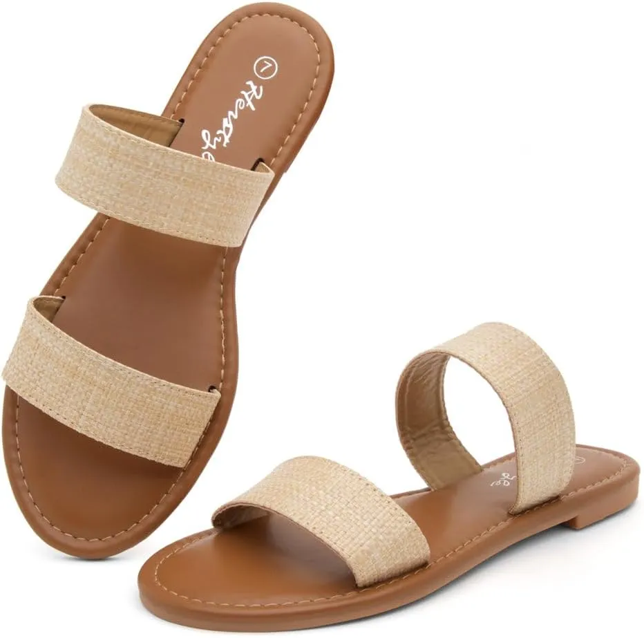 Herstyle Women’s Flat Sandals – Two Strap Comfortable Slides with Memory Foam, Trendy 2025 Summer Sandals, Lightweight Slip-On Open Toe Dressy & Casual Slippers for Women