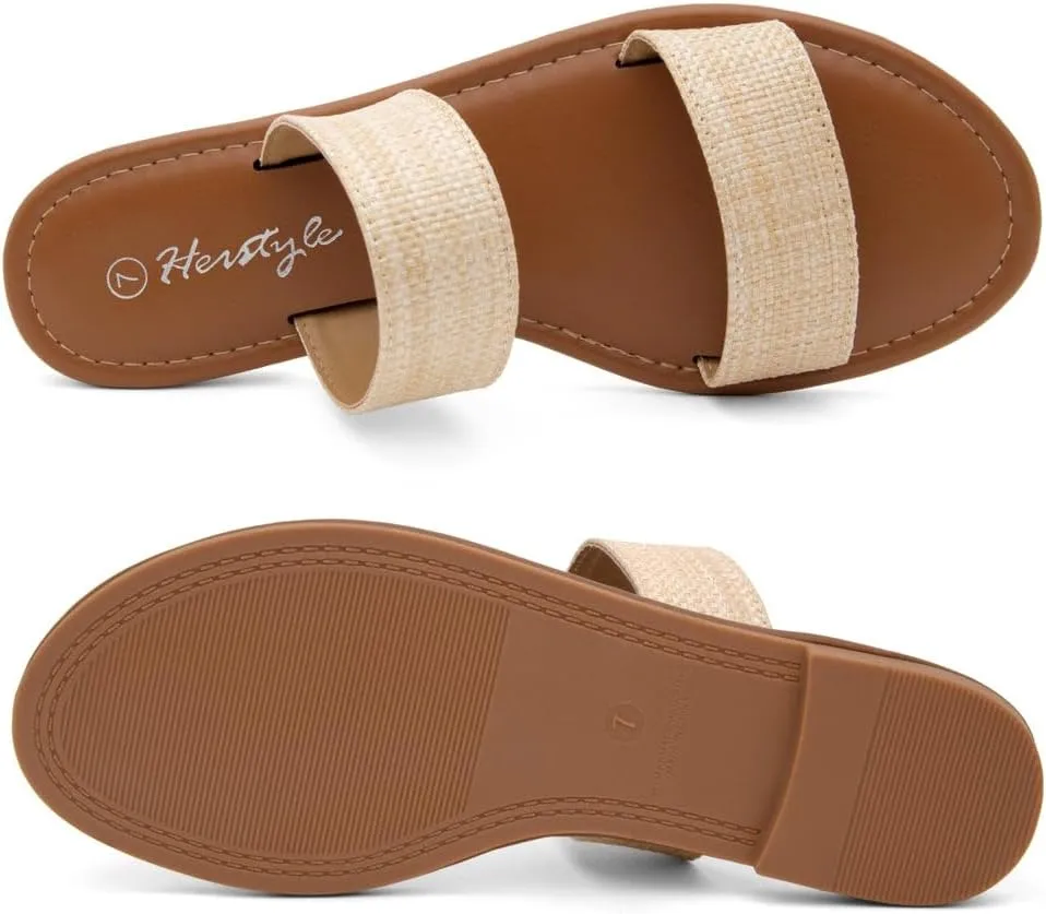 Herstyle Women’s Flat Sandals – Two Strap Comfortable Slides with Memory Foam, Trendy 2025 Summer Sandals, Lightweight Slip-On Open Toe Dressy & Casual Slippers for Women