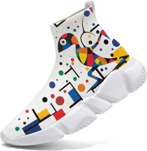 Hetios Men's Sock Shoes Mondrian Style Knit Slip On Sneakers Athletic Casual Graffiti Painted Shoes