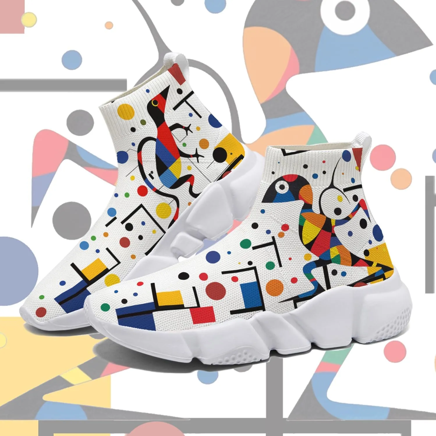 Hetios Men's Sock Shoes Mondrian Style Knit Slip On Sneakers Athletic Casual Graffiti Painted Shoes