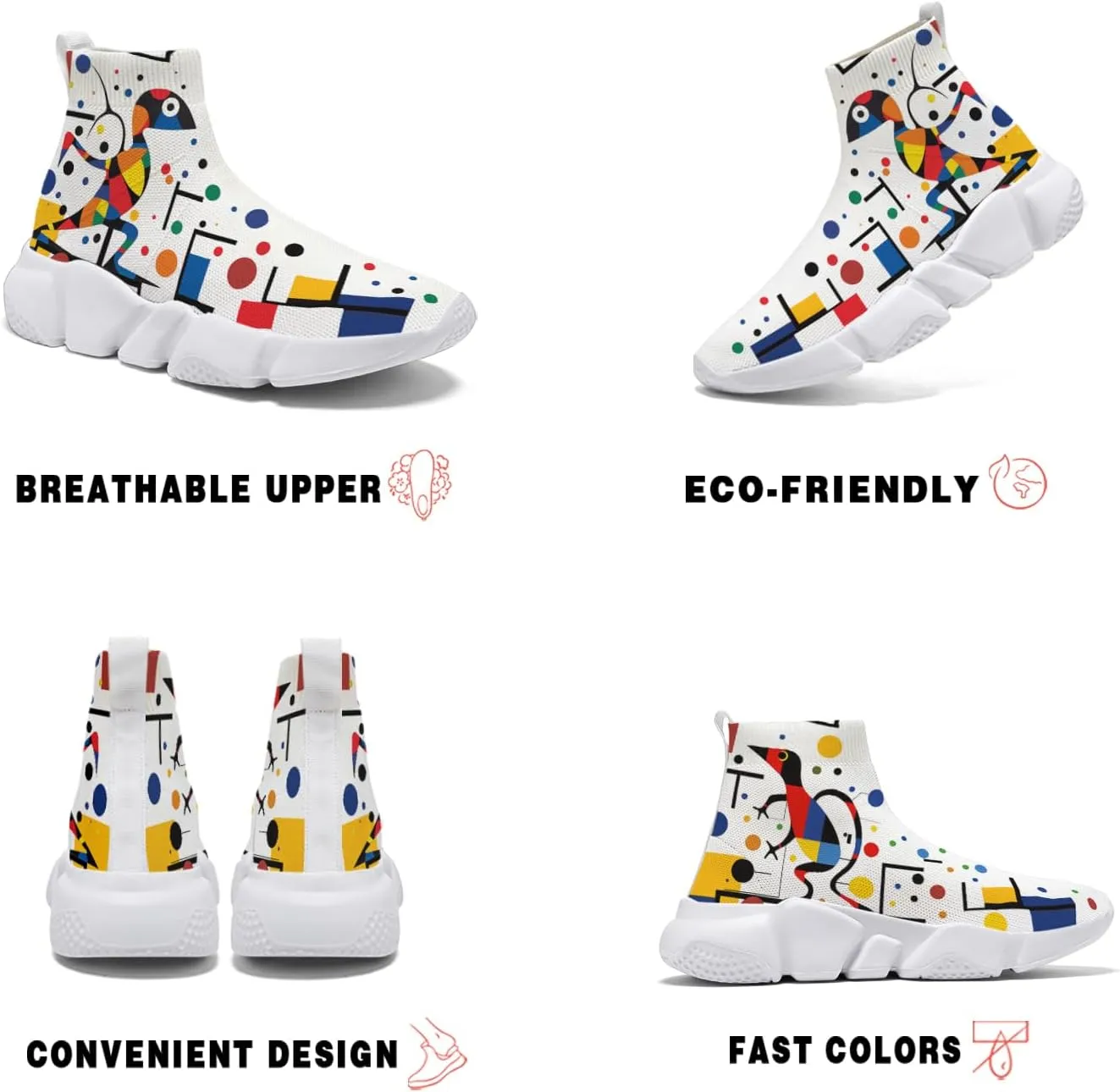 Hetios Men's Sock Shoes Mondrian Style Knit Slip On Sneakers Athletic Casual Graffiti Painted Shoes