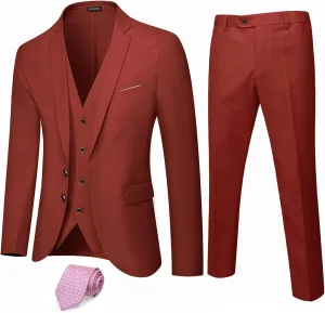 Hihawk Men's 3 Piece Suit with Stretch Fabric, Solid Slim Fit Two Button Suit Blazer Set, Jacket Vest Pants with Tie.