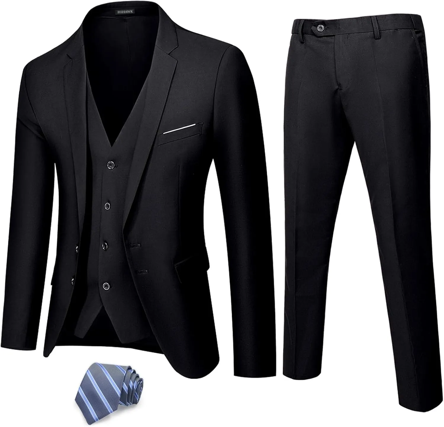 Hihawk Men's 3 Piece Suit with Stretch Fabric, Solid Slim Fit Two Button Suit Blazer Set, Jacket Vest Pants with Tie.