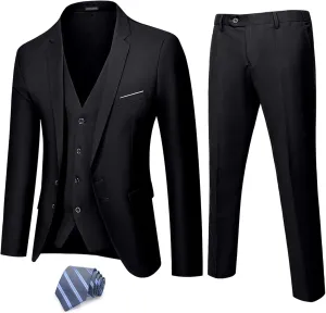 Hihawk Men's 3 Piece Suit with Stretch Fabric, Solid Slim Fit Two Button Suit Blazer Set, Jacket Vest Pants with Tie.