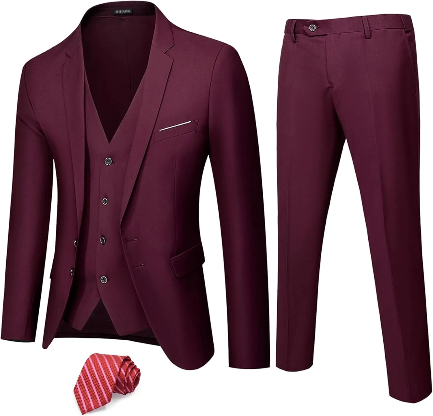Hihawk Men's 3 Piece Suit with Stretch Fabric, Solid Slim Fit Two Button Suit Blazer Set, Jacket Vest Pants with Tie.