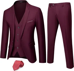 Hihawk Men's 3 Piece Suit with Stretch Fabric, Solid Slim Fit Two Button Suit Blazer Set, Jacket Vest Pants with Tie.