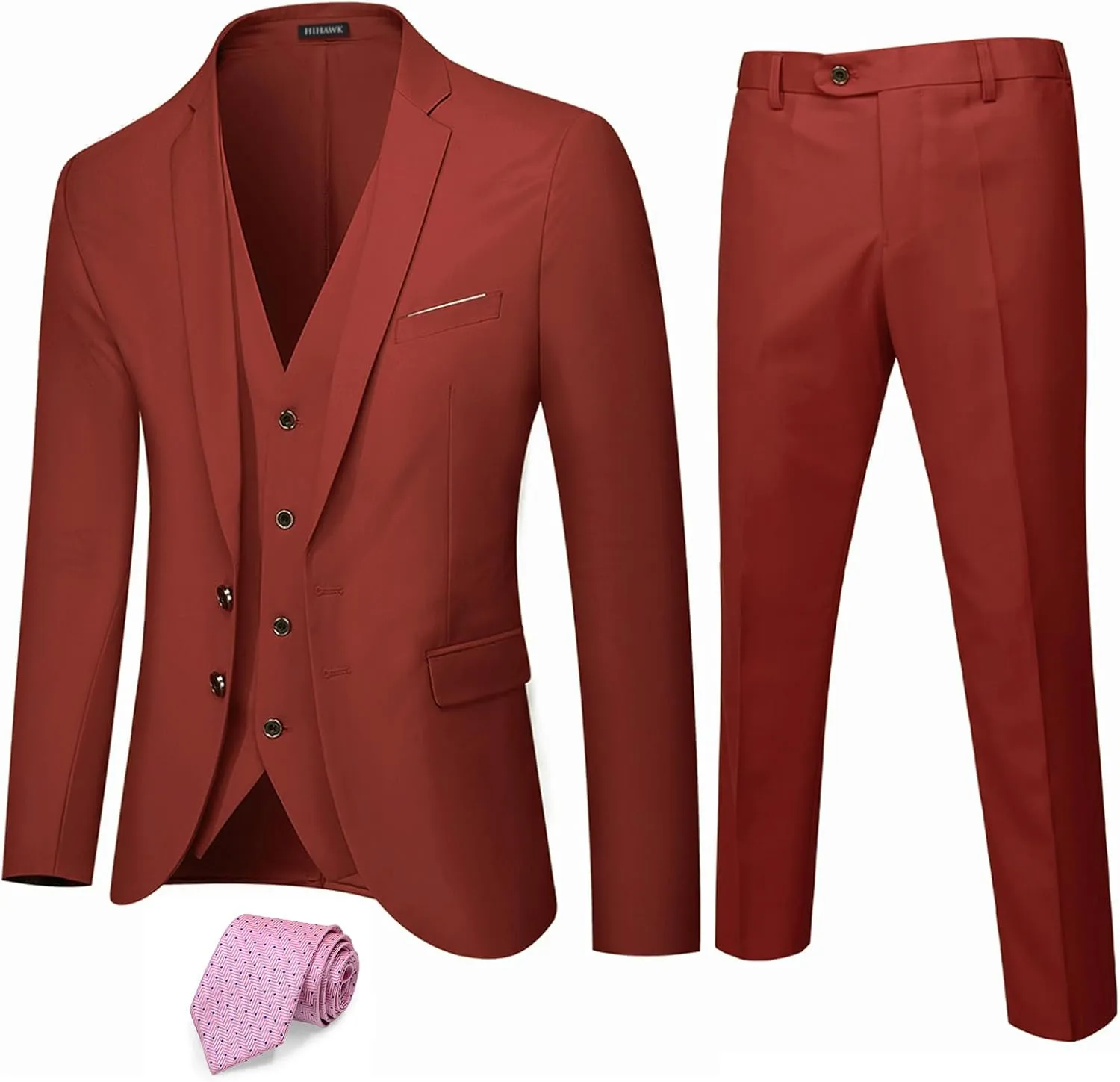 Hihawk Men's 3 Piece Suit with Stretch Fabric, Solid Slim Fit Two Button Suit Blazer Set, Jacket Vest Pants with Tie.