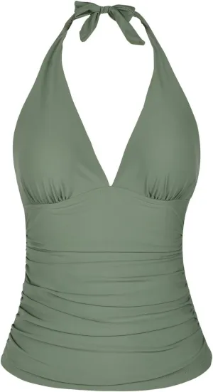 Hilor Women's Tummy Control Tankini Top Swimsuit Plunging V Neck Top Swimwear Halter Bathing Suits Swim Tops