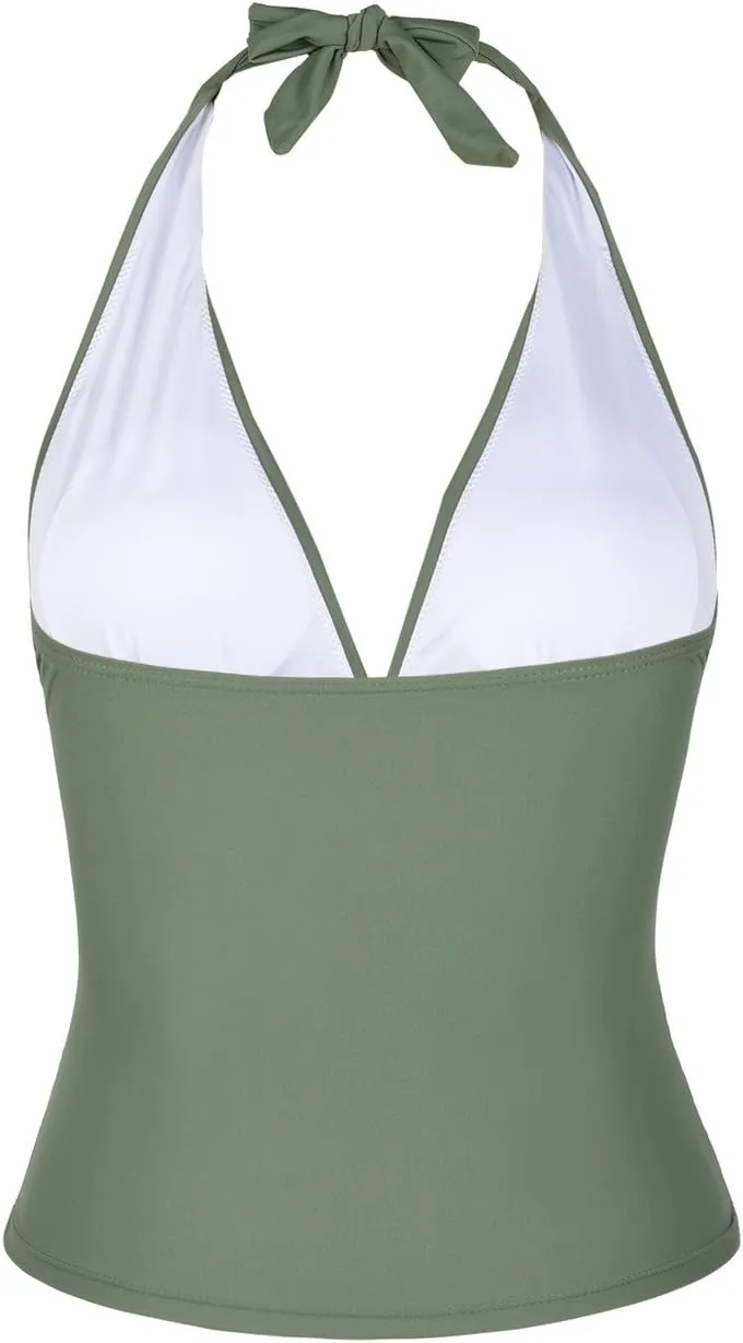 Hilor Women's Tummy Control Tankini Top Swimsuit Plunging V Neck Top Swimwear Halter Bathing Suits Swim Tops
