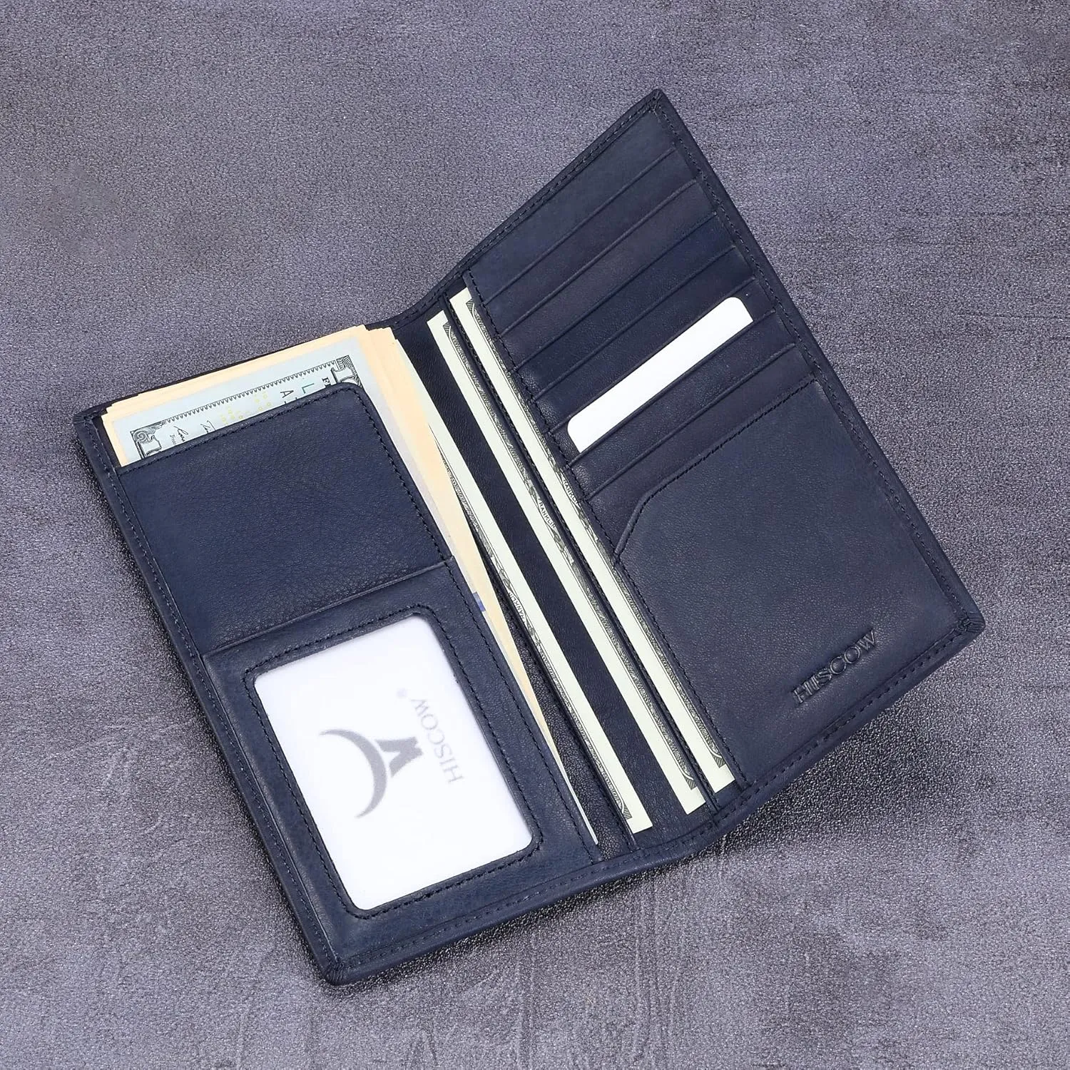 HISCOW Slim Leather Long Wallet for Men, Breast Pocket Wallet for Checkbook, Credit Cards (Aniline Leather Blue)