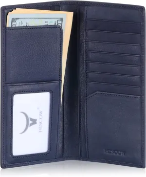 HISCOW Slim Leather Long Wallet for Men, Breast Pocket Wallet for Checkbook, Credit Cards (Aniline Leather Blue)