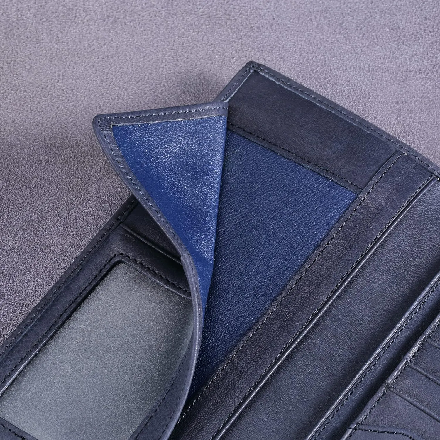 HISCOW Slim Leather Long Wallet for Men, Breast Pocket Wallet for Checkbook, Credit Cards (Aniline Leather Blue)