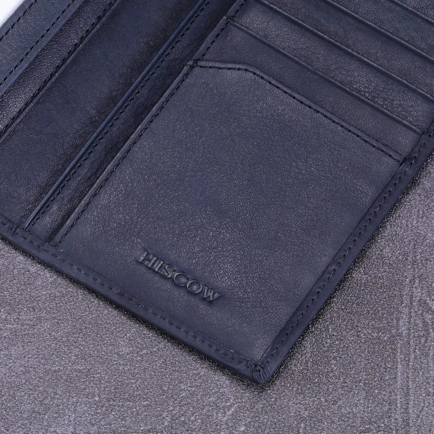 HISCOW Slim Leather Long Wallet for Men, Breast Pocket Wallet for Checkbook, Credit Cards (Aniline Leather Blue)