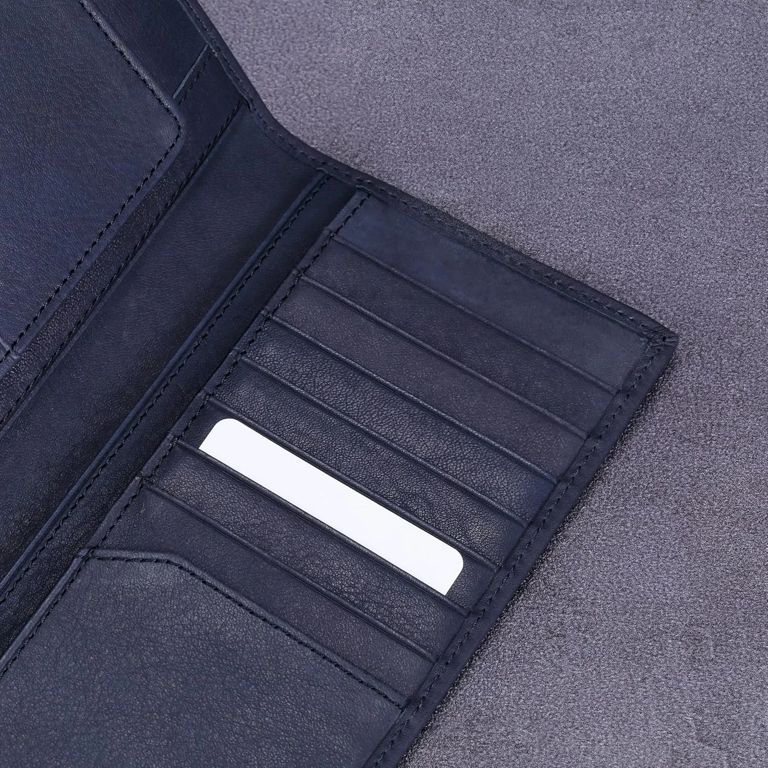 HISCOW Slim Leather Long Wallet for Men, Breast Pocket Wallet for Checkbook, Credit Cards (Aniline Leather Blue)