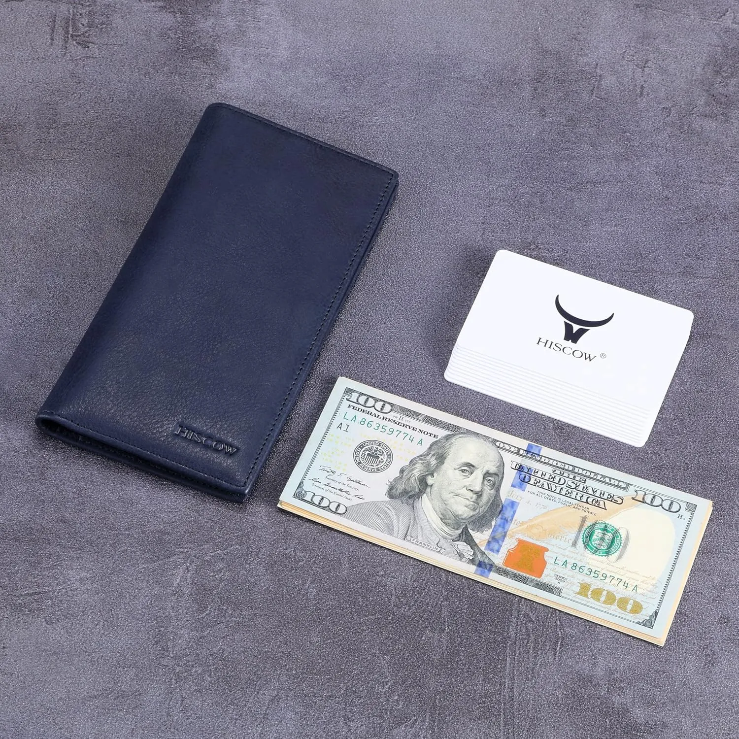 HISCOW Slim Leather Long Wallet for Men, Breast Pocket Wallet for Checkbook, Credit Cards (Aniline Leather Blue)