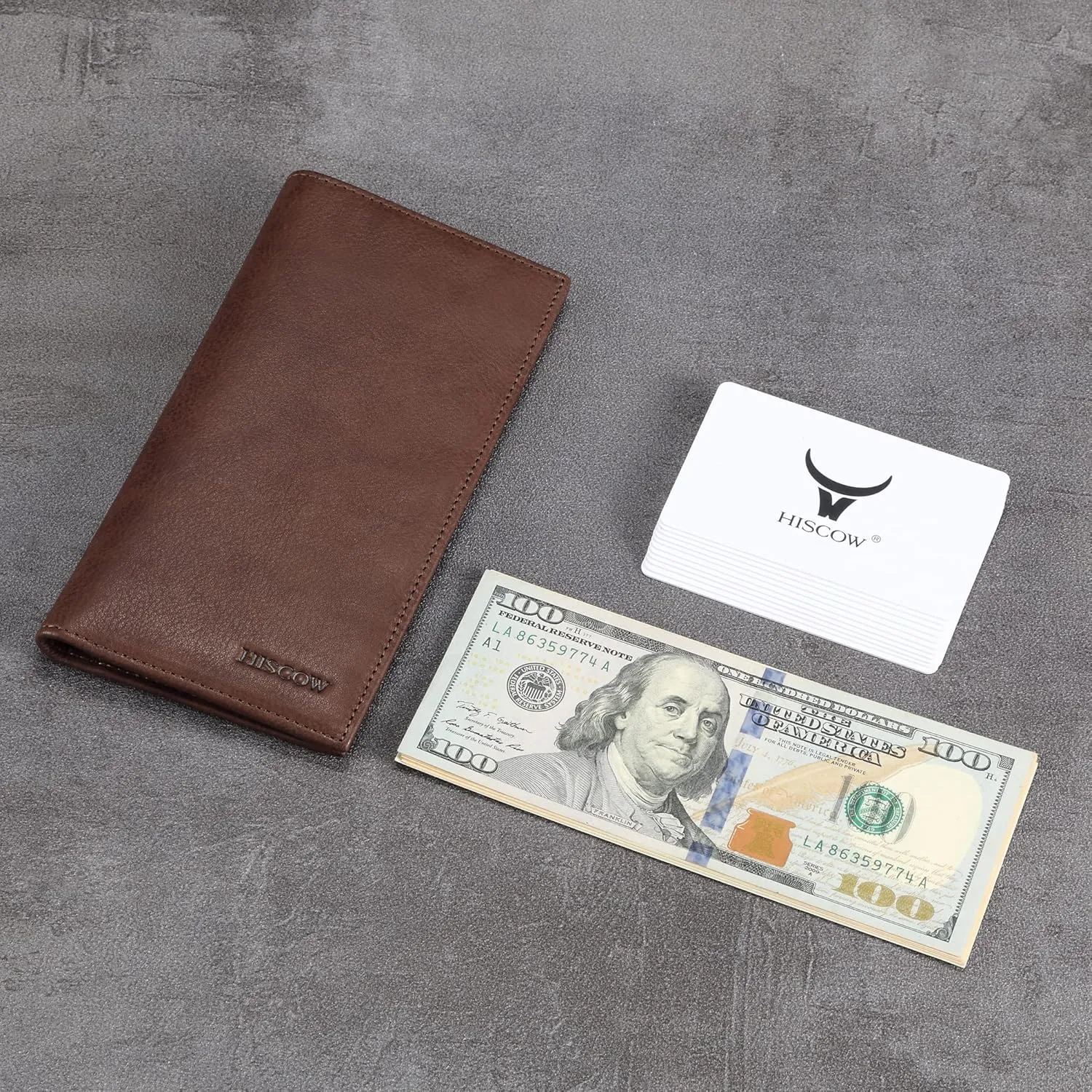 HISCOW Slim Leather Long Wallet for Men, Breast Pocket Wallet for Checkbook, Credit Cards (Aniline Leather Coffee)
