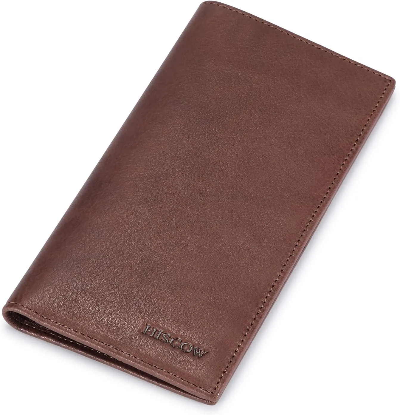 HISCOW Slim Leather Long Wallet for Men, Breast Pocket Wallet for Checkbook, Credit Cards (Aniline Leather Coffee)