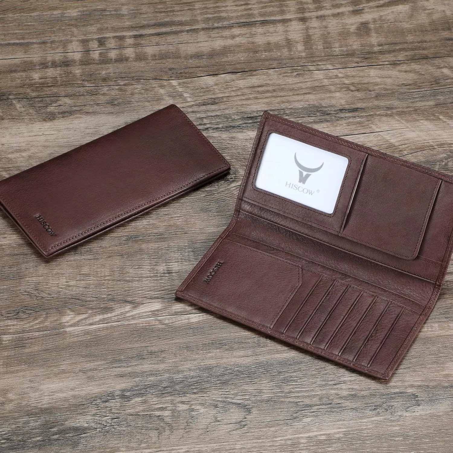 HISCOW Slim Leather Long Wallet for Men, Breast Pocket Wallet for Checkbook, Credit Cards (Aniline Leather Coffee)