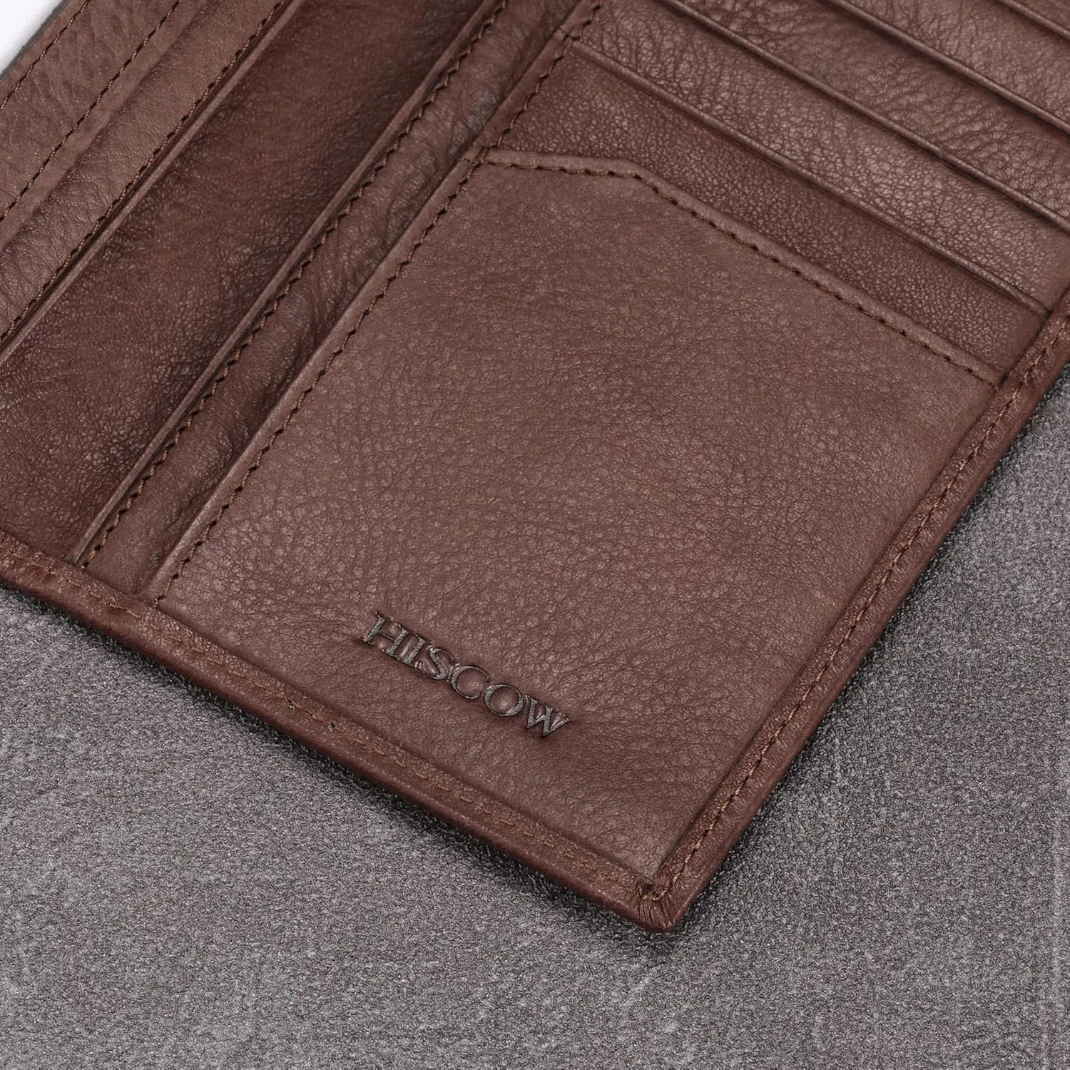 HISCOW Slim Leather Long Wallet for Men, Breast Pocket Wallet for Checkbook, Credit Cards (Aniline Leather Coffee)