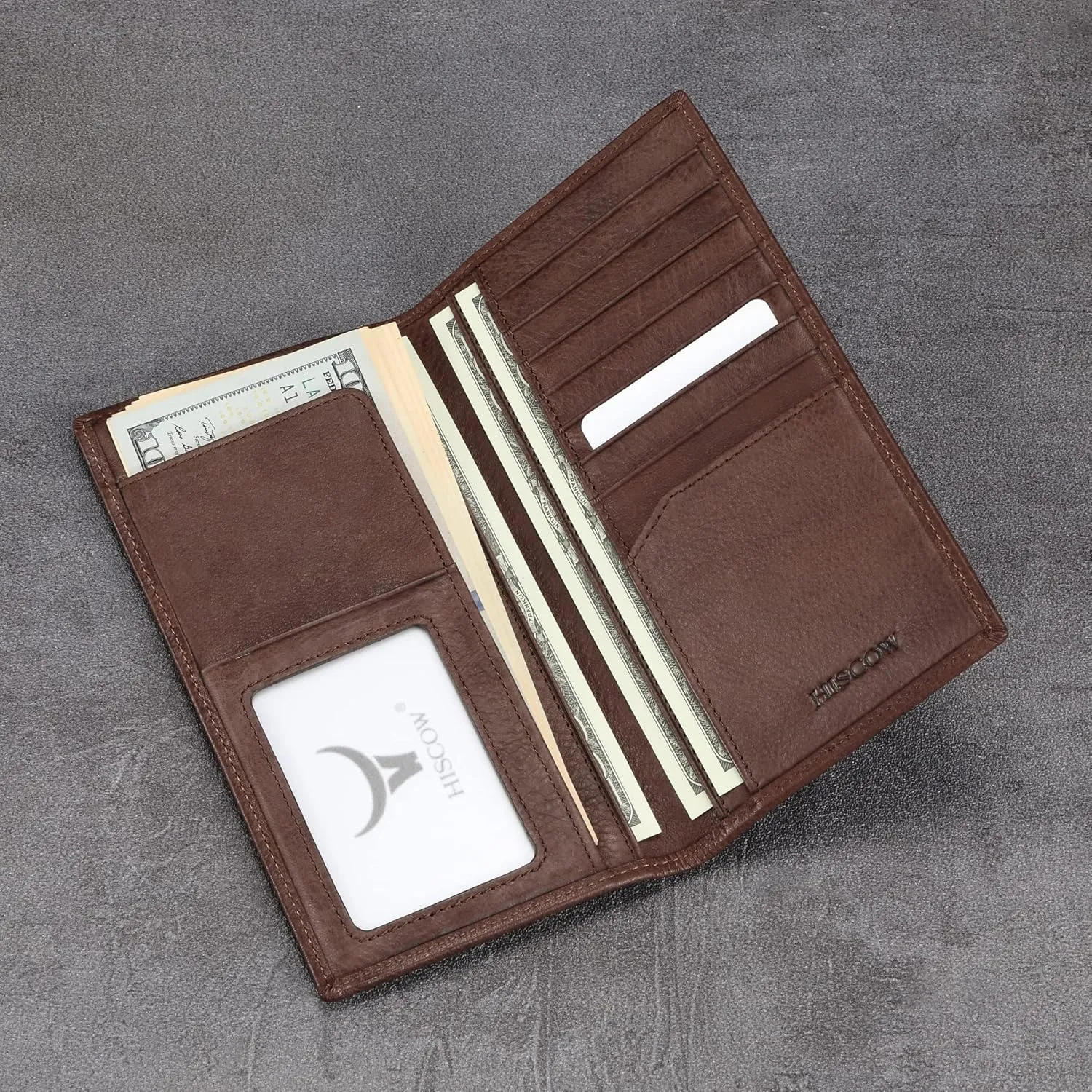 HISCOW Slim Leather Long Wallet for Men, Breast Pocket Wallet for Checkbook, Credit Cards (Aniline Leather Coffee)