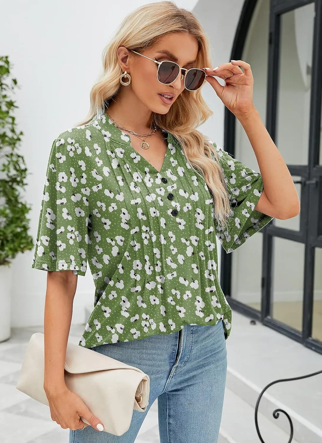 HOCOSIT Women's Floral Print Short Ruffle Sleeve Pleated Front V Neck Button Tunic Tops