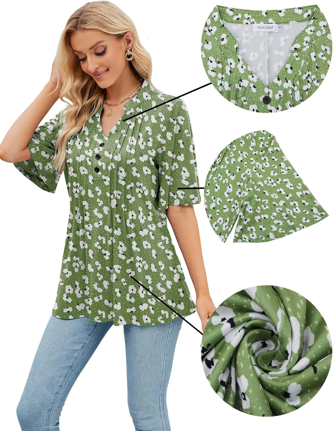 HOCOSIT Women's Floral Print Short Ruffle Sleeve Pleated Front V Neck Button Tunic Tops