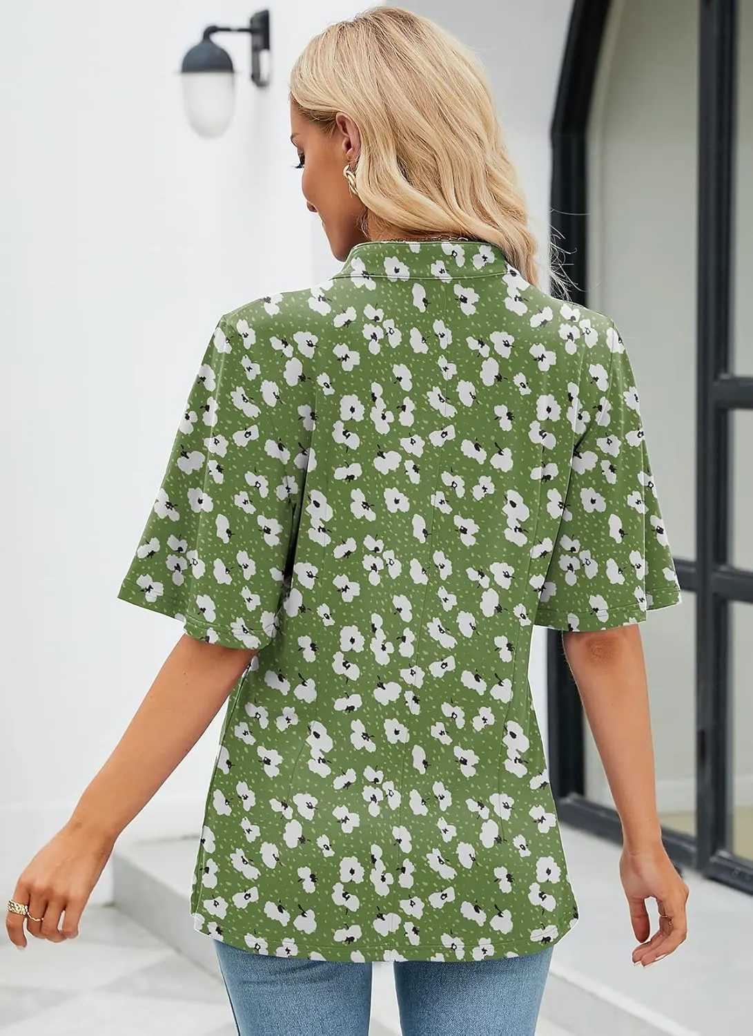 HOCOSIT Women's Floral Print Short Ruffle Sleeve Pleated Front V Neck Button Tunic Tops