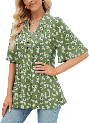 HOCOSIT Women's Floral Print Short Ruffle Sleeve Pleated Front V Neck Button Tunic Tops