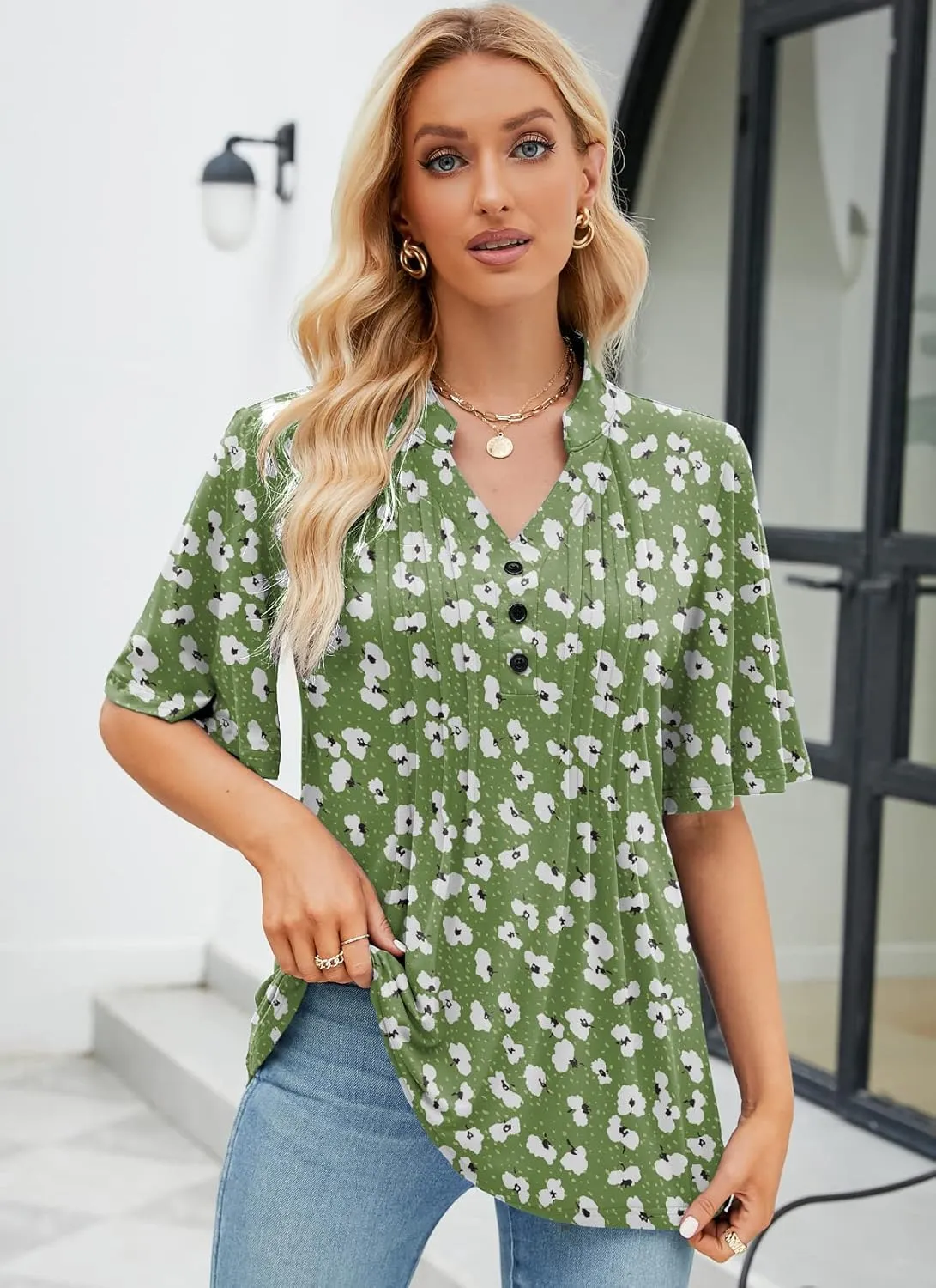 HOCOSIT Women's Floral Print Short Ruffle Sleeve Pleated Front V Neck Button Tunic Tops