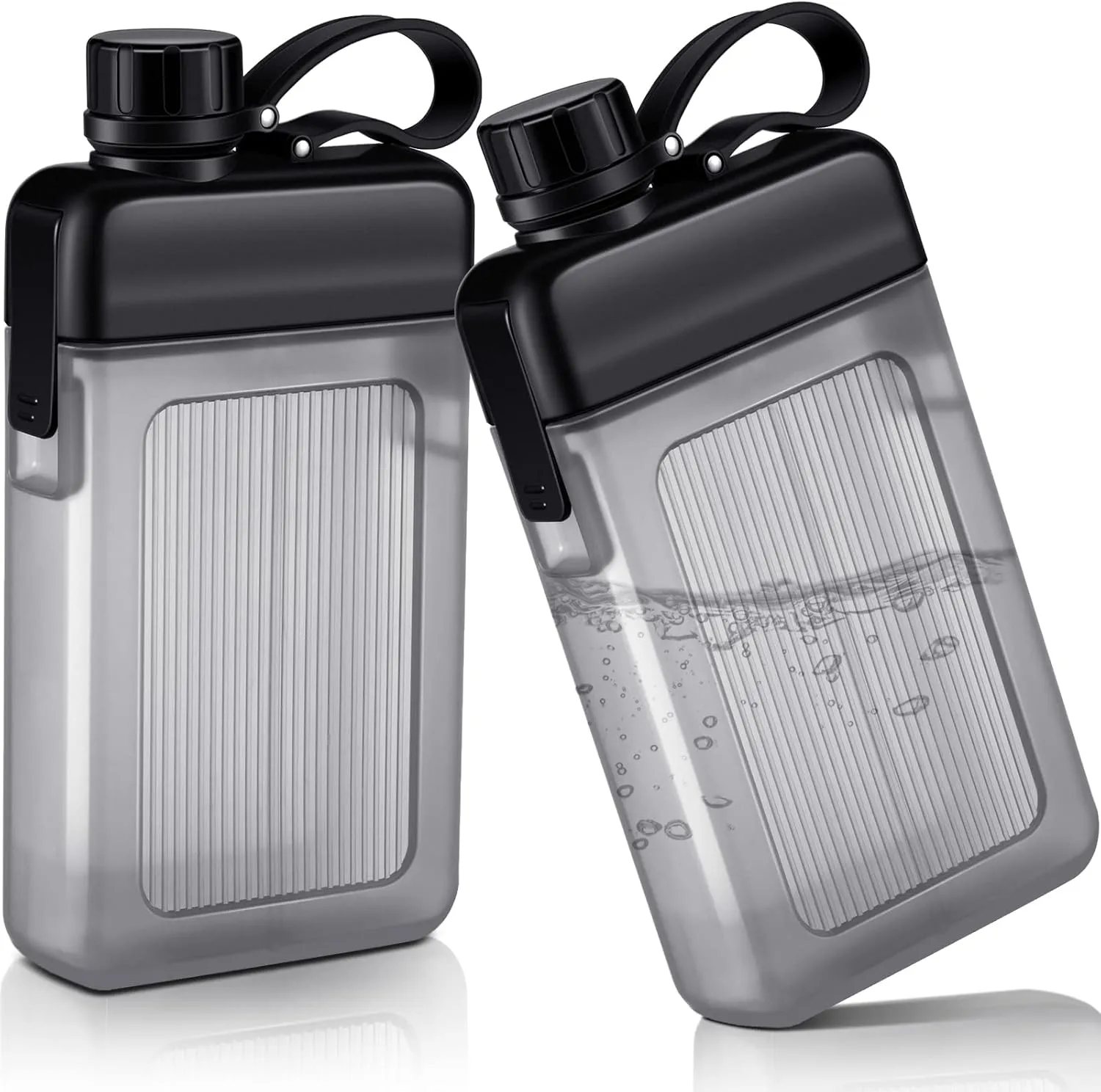 Honeydak 2 Pcs Flat Water Bottle 13oz Plastic Flask for Liquor Slim Square Bottles Portable Travel Mug Pocket Flask for Outdoor Sports (Black)