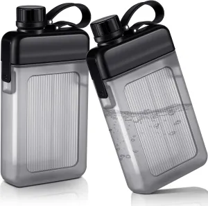 Honeydak 2 Pcs Flat Water Bottle 13oz Plastic Flask for Liquor Slim Square Bottles Portable Travel Mug Pocket Flask for Outdoor Sports (Black)