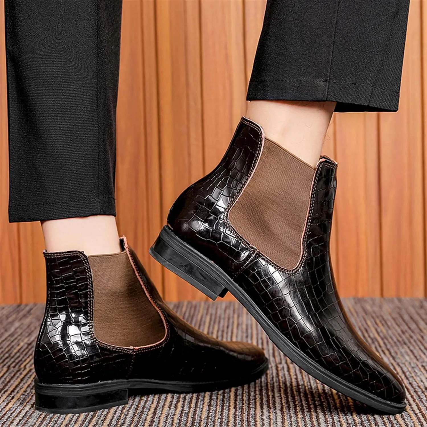 HOOENG Chelsea Boots for Men Crocodile Print Elastic Bandage Cowhide Leather on Non Slip Wearable Anti-Slip Fashion Dress